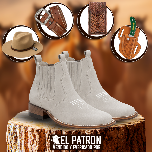 Kit Bota Barreto de Cuero Legítimo con Plantilla Ortopédica +REGALOS: Cuchillo con Funda, Cinturón, Sombrero y Porta Celular