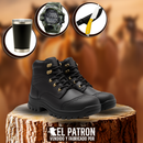 Kit Bota Toro de Cuero Legítimo con Plantilla Ortopédica y Punta de Acero +REGALOS: Vaso Térmico, Cuchillo con Funda y Reloj Táctico